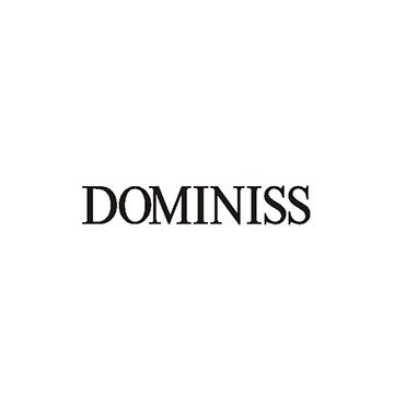 Schwarzes Textlogo mit der Aufschrift DOMINISS auf weißem Hintergrund, ideal für Brautmode-Liebhaber oder als stilvolles Element in jedem Brautatelier bei Dornröschen.