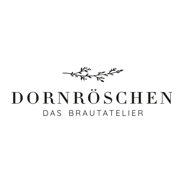 Text-Logo: Dornröschen Das Brautatelier mit einer floralen Zweiggrafik über dem Text auf weißem Hintergrund, die erlesene Brautmode in Nürnberg zeigt.