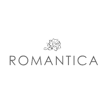 Das Wort ROMANTICA in eleganter Schrift mit einer Rosenillustration über dem Text auf weißem Hintergrund, perfekt für die Brautmode bei Dornröschen in Nürnberg.